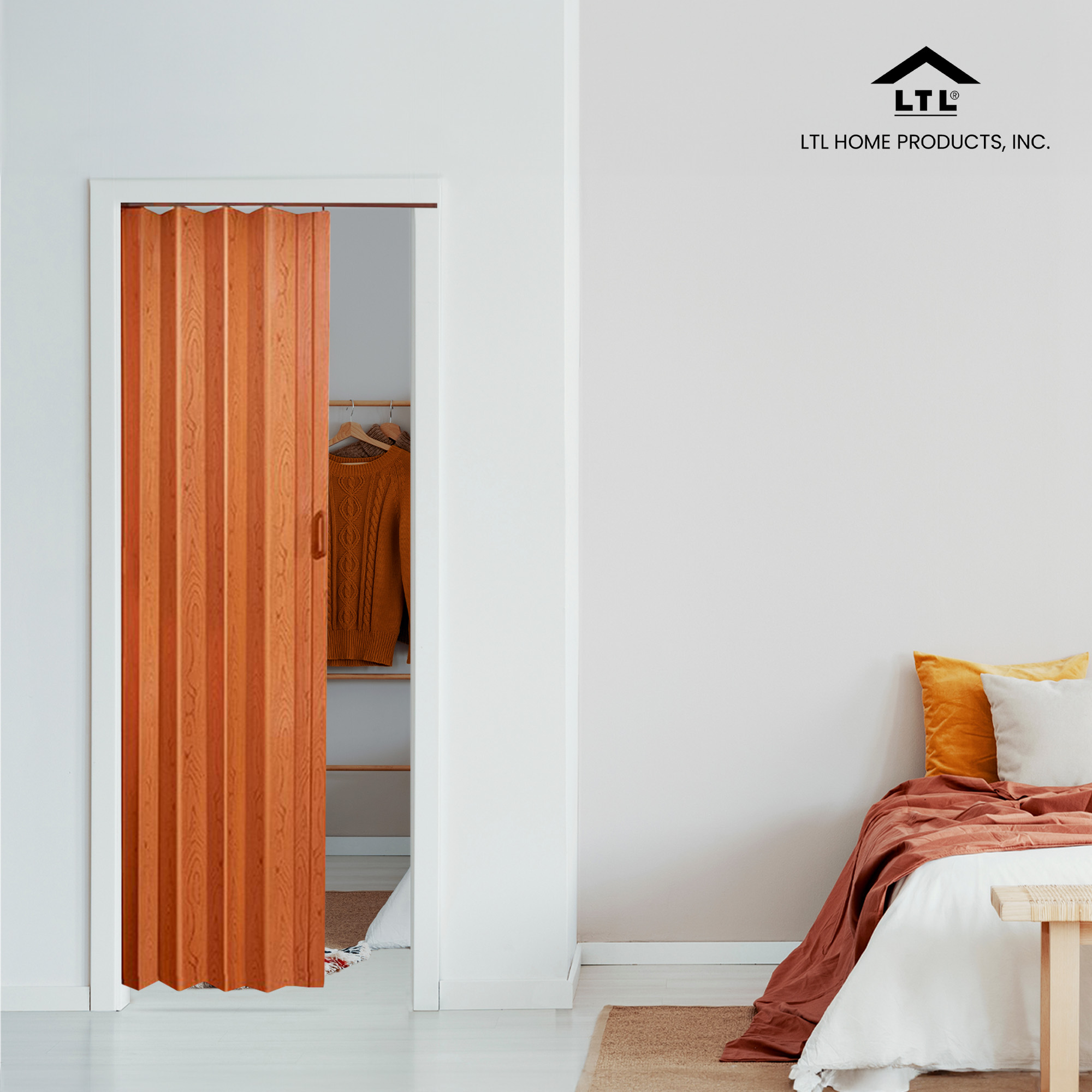 36 x 80 Inch Plaza Pecan Vinyl Accordion Door with Hardware (Open